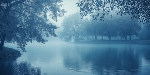 Fototapeta premium A misty lakeside scene enveloped in blue hues, with trees and water creating a dreamy and ethereal atmosphere.