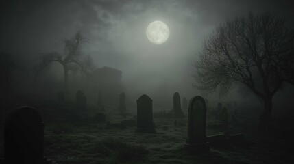 A spooky Halloween scene of a foggy graveyard at night, with a full moon casting a dim glow.
