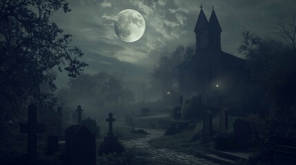 A spooky Halloween scene of a foggy graveyard at night, with a full moon casting a dim glow.
