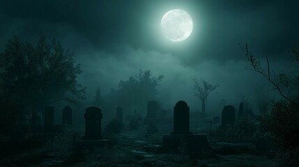 A spooky Halloween scene of a foggy graveyard at night, with a full moon casting a dim glow.
