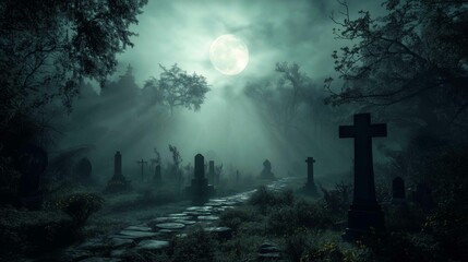 A spooky Halloween scene of a foggy graveyard at night, with a full moon casting a dim glow.
