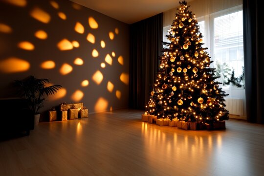 Christmas tree covered in twinkling fairy lights, casting a soft glow in a dark room, with shadows of ornaments and branches dancing on the walls
