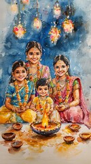 Fototapeta premium A colorful watercolor painting depicting four children dressed in traditional attire, celebrating a festival with a lit lamp and decorative elements around them.