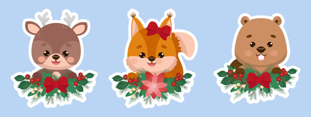 Naklejka premium Christmas stickers with cute characters. Stickers with a deer, squirrel and beaver. Will decorate any gift. Cute forged animals for greetings
