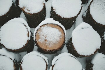 雪に覆われた切り株が整然と並ぶ冬の森林の風景