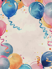 Festive watercolor balloon border with colorful confetti and streamers. Perfect for party invitations, birthday cards, or celebration designs with a playful and vibrant touch.

