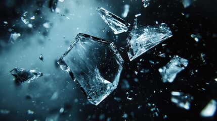 A close-up of shattered glass pieces frozen in mid-motion, with intricate details of the cracks and sharp edges illuminated by soft light