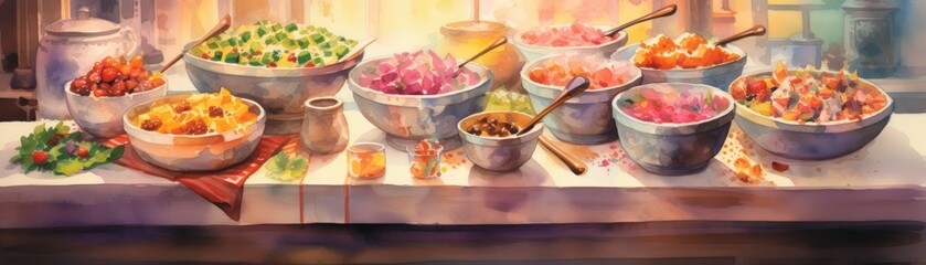 A vibrant display of assorted bowls filled with colorful salads and ingredients, showcasing a variety of fresh and healthy food options.