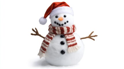 A playful snowman in a Santa hat and a striped scarf, isolated on a white background for winter and Christmas fun.