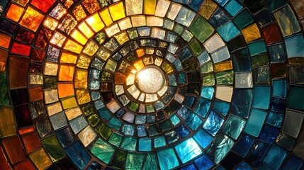 Fototapeta premium A colorful glass mosaic pattern arranged in concentric circles, with each ring made of differently colored glass pieces reflecting light at various angles