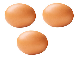 Top view set of three fresh brown chicken eggs isolated with clipping path in png file format