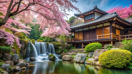 Fototapeta premium Wide-angle volumetric Japanese house with waterfall and sakura trees