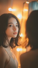 A young Asian woman with long dark hair gazes thoughtfully in a softly lit room.