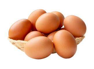 Group of fresh brown chicken eggs in stack in wicker basket isolated with clipping path in png file format