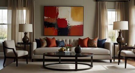 Obraz premium A cozy living room featuring a large painting prominently displayed on the wall.