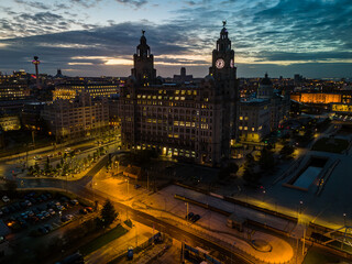 Liverpool Liverpool skyline showing the royal liver building at dusk