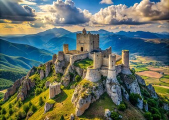 Obraz premium Breathtaking Views of Calascio Rocca: A Majestic Fortress in the Heart of the Italian Apennines Surrounded by Scenic