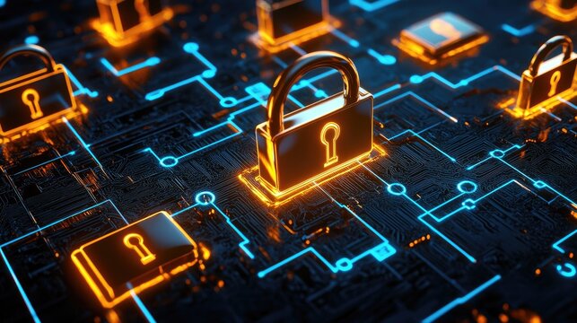 Glowing 3D vector symbols of cyber security, communication locks, and encrypted data traveling through a secure network.