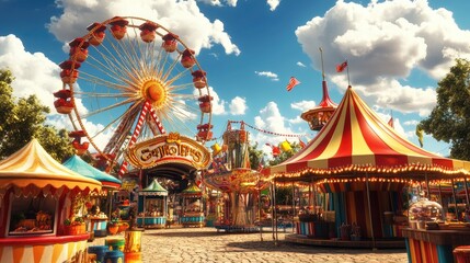 Obraz premium A 3D cartoon carnival featuring a giant ferris wheel, merry-go-round, and food stalls, all in fun, bold colors.
