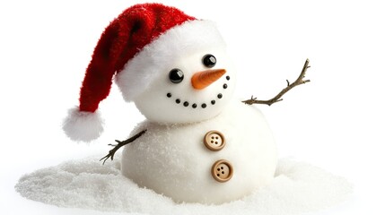 Cute snowman with a Santa hat and buttons for eyes, isolated on a white background, creating a fun, wintry atmosphere.