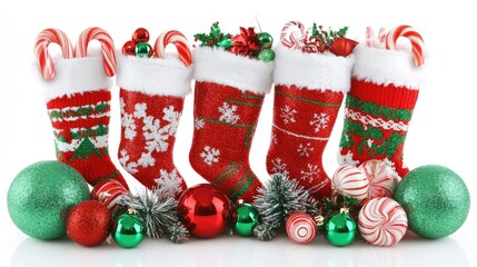 Festive Christmas items including stockings, candy canes, and tinsel, isolated on a bright white background.