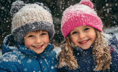 Little girl and boy with winter hat are happy about the first snow