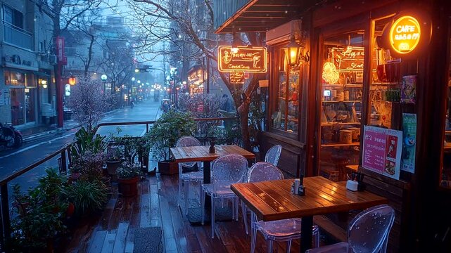 Snow-covered outdoor caf&eacute; terrace with warm lanterns and tables during a winter evening snowfall. Seamless looping 4K video background