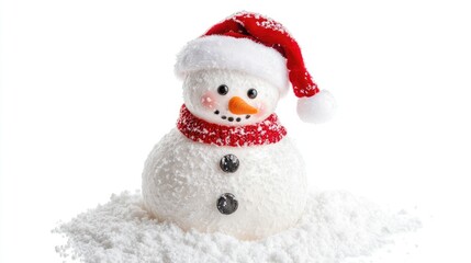 Snowman in a Santa hat with coal eyes and a carrot nose, standing on snowy ground, isolated on a bright white background.