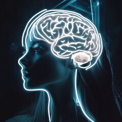 Obraz premium Female mannequin with neon brain illustration glowing against a dark background.