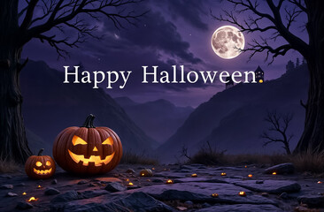 Fototapeta premium halloween greeting card with jack o lantern on night background with moon