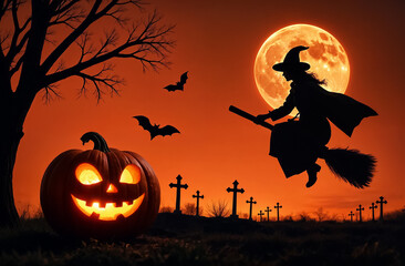 jack o lantern and witch flying on a broom against the background of the moon