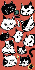 Fototapeta premium Seamless pattern featuring playful, hand-drawn cartoon cats on a red background. The minimalistic black and white cat illustrations create a fun, whimsical texture suitable for prints and fabrics.