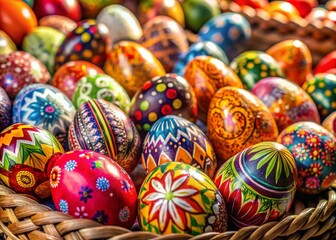 Fototapeta premium Bunte Ostereier auf dem Ostermarkt: Traditionelle Dekoration für das Osterfest und fröhliche Frühlingsatmosphäre