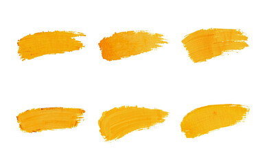 Naklejka premium vivid orange brush stroke texture set, isolated on white, blob and strip, paint and organic watercolor style