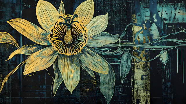 A sgraffito art piece of a passion flower with a biometric scanner integrated into the design. Sgraffito. Illustration