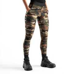 High-waisted camo leggings in a forest setting.