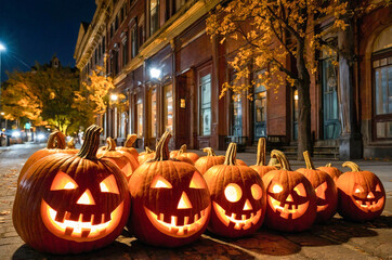 Enchanting Halloween Night: Pumpkins on the Street