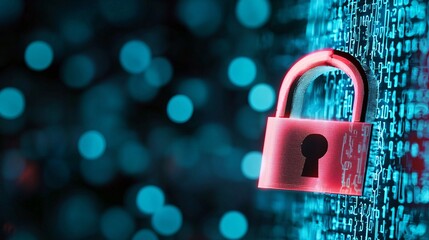 Cyber Security Firewall with Neon Glow - Glitching Data Stream and Matrix Encryption for Digital Protection in the Modern Age