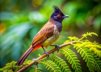 Captivating Bulbul Bird Perched on Branch Amidst Lush Greenery in Natural Habitat Setting