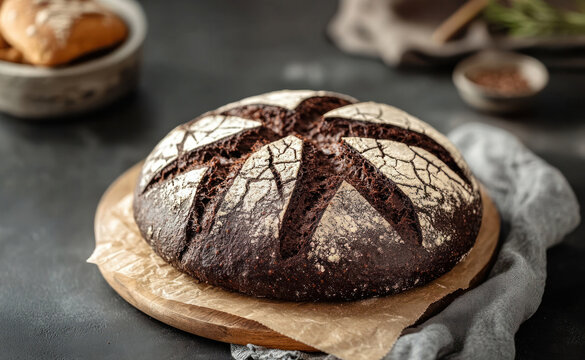 Round dark bread with home-made sourdough oo black background. Side view
