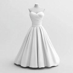 White ball gown with a sweetheart neckline, adorned with intricate lace and delicate beading, flowing elegantly on a grand staircase.