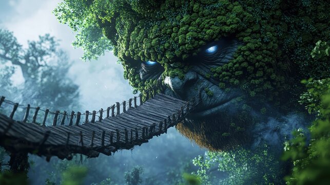 A towering troll guarding a rickety wooden bridge over a deep chasm its skin covered in warts and moss its club raised threateningly its single eye glaring with suspicion.