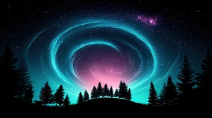 Naklejka premium A swirling vortex of ethereal mist glowing with otherworldly light against a backdrop of a star filled night sky and silhouetted trees.