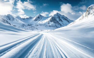 Pristine ski tracks in a snowy mountain landscape, serene winter travel destination