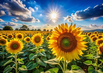 Fototapeta premium Captivating High Resolution Photography of a Vibrant Sunflower Field Under a Clear Blue Sky for Nature Lovers and