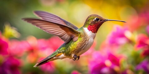 Fototapeta premium Captivating Hummingbird in Flight: Nature's Marvel of Agility and Beauty in a Vibrant Garden Setting