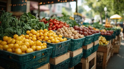   A variety of fruits and vegetables are displayed at the farmer's market, featuring tomatoes, lemons, spinach, and broccoli