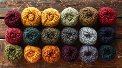 A flat lay of soft woolen yarn balls in a variety of colors--mustard yellow, olive green, burnt orange, and dark plum--arranged on a natural wooden surface, illuminated by warm, ambient light.
