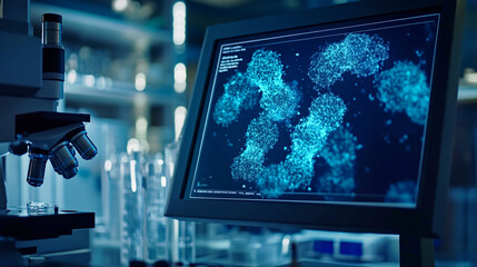 Microscope image of genetically engineered bacteria, displayed on a digital screen in a lab