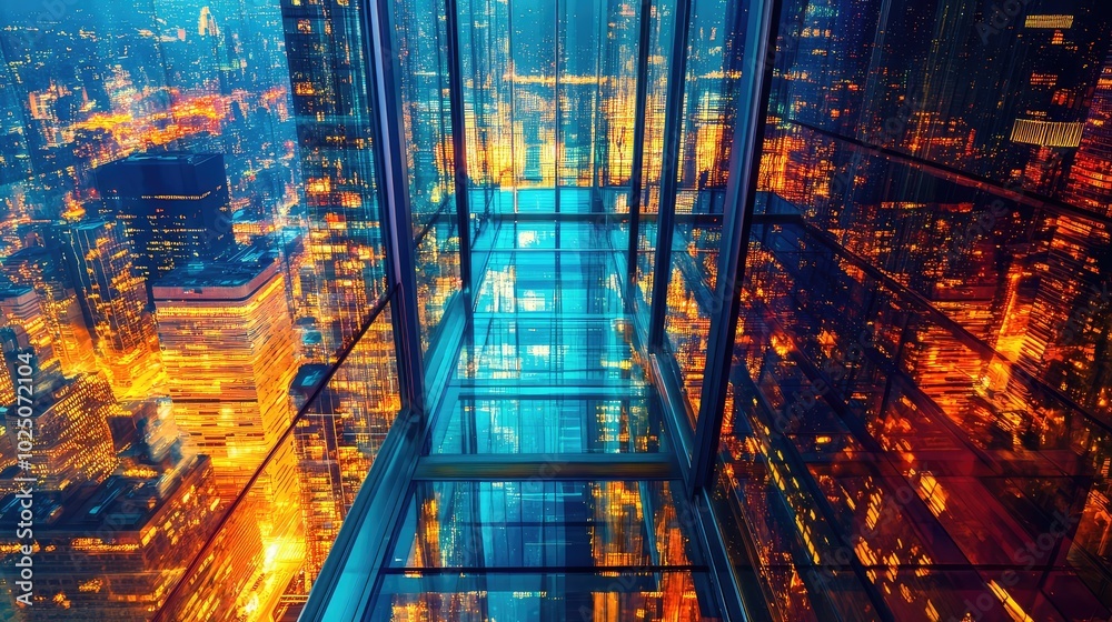 Wall mural A dramatic image of a glass elevator in a high-rise building, reflecting the illuminated city below, creating a sense of height and depth